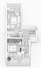 Line drawing floor plan on a white background, Mock up of furnished home apartment