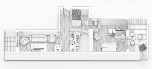 Line drawing floor plan on a white background, Mock up of furnished home apartment