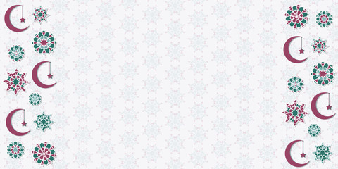 Beautiful vector background, for greeting card, packing paper, banner, business card, celebration or decoration for the Ramadan holiday. Geometric abstract ornament in the form of flowers, month, star