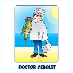 Doctor-veterinarian from a children s fairy tale Aibolit. On the seashore, holds a parrot on his hand. In his hand is a suitcase with medics and a thermometer. For children s creativity. Vector  
