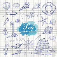 Isolated sea objects on paper background. Shells, starfish, anchor, lighthouse, fish, ship