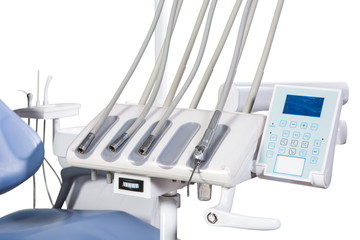 Modern blue dentist chair isolated on white background