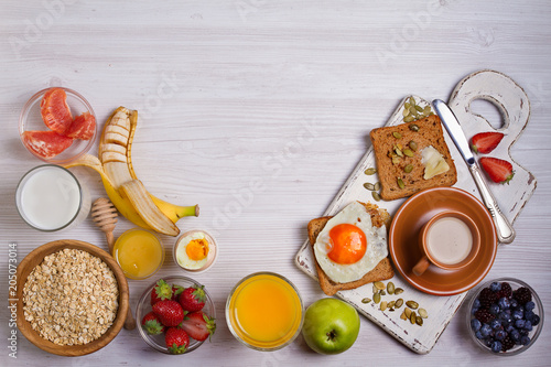 Breakfast Served With Coffee Orange Juice Cereals Milk Fruits