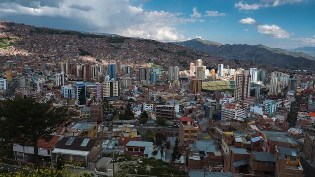 Timelapse with panorama of the city of La Paz during sunny day with clouds. Bolivia