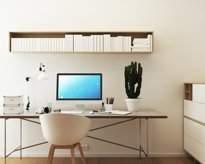 Computer Monitor Mockup. Blick auf Schreibtisch 