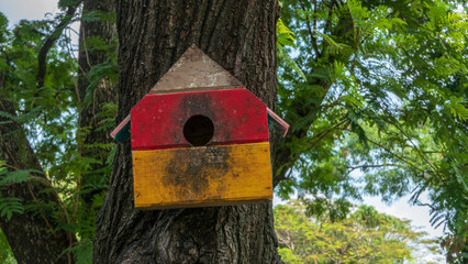 Wooden birdhouse hanging on a tree in the garden.