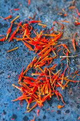 Fototapeta premium Dried saffron spice on a blue stone background.
