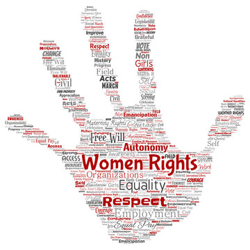 Vector conceptual women rights, equality, free-will hand print stamp word cloud isolated background. Collage of feminism, empowerment, integrity, opportunities, awareness, courage, education concept
