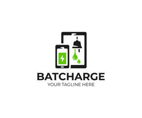 Battery charging logo template. Battery charge status vector design. Smartphone and tablet with battery indicator logotype