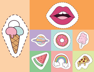 Hipster patches elements hand drawn cute fashionable stickers doodle pop art sketch pins and comic badges vector ilustration.