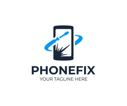 Mobile phone repair logo template. Broken screen on smartphone and screwdriver tool vector design. Fix phone screen logotype