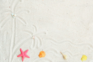 Fototapeta na wymiar Inspiration of beach background. Top view of beach sand with coconut palm tree, starfish and shells. Summer background concept.
