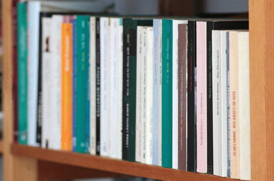 row of books on a wooden shelf