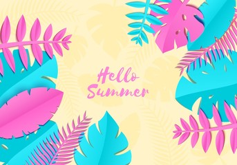 Fototapeta premium Summer Tropical palm leaves, plants in trandy paper cut style. Exotic blue pink leaves on yellow sunny background Hawaiian summer. Vector card illustration