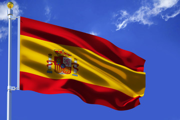 Fototapeta premium Spain flag Silk waving flag with emblem of Kingdom of Spain with a flagpole on a sunny blue sky background with white clouds 3D illustration.