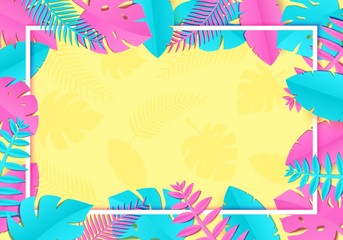 Summer Tropical palm leaves, plants in trandy paper cut style. White horizontal rectangular frame on exotic blue pink leaves on pink background Hawaiian summer time. Vector card illustration