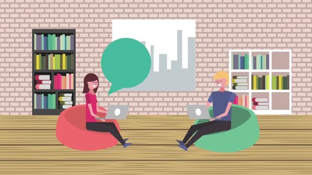 young people sitting in library learning with laptop cartoon animation