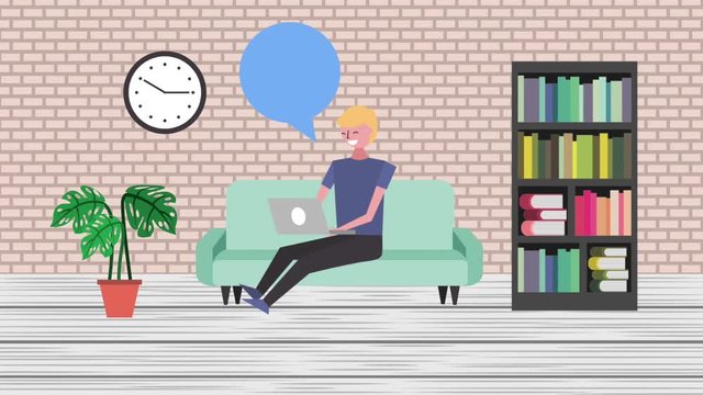 student man sitting in sofa studying in laptop bookshelf and plant animation