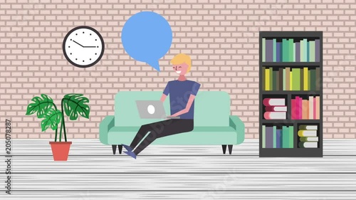 Student Man Sitting In Sofa Studying Laptop Bookshelf And Plant Student Man Sitting In Sofa Studying Laptop Bookshelf And Plant Animation Hd