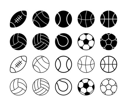 Set of simple flat sports balls in solid and outline. 