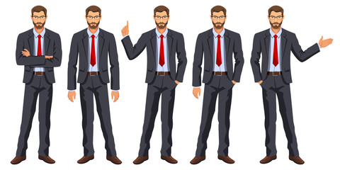 Man in business suit with tie. Bearded guy, gesturing. Elegant businessman in different poses. Stock vector, 10 eps. - 205080005