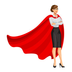 Superhero woman in red cape, female hero, businesswoman superhero. Girl in business style look. Professional Women. Success concept. Vector, 10 eps.
