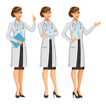 Doctor, woman with stethoscope, gesturing. Medical woman. Healthcare and medical concept. Vector Illustration,10 eps.