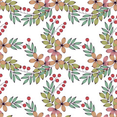 Pastel colored elegant leaves and flowers and berries seamless pattern, vector