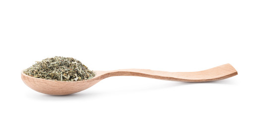 Wooden spoon with dried parsley on white background