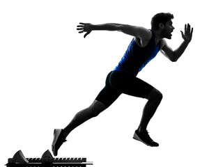 one caucasian runner sprinter running sprinting athletics man silhouette isolated on white...