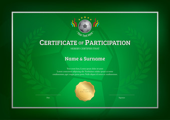 Certificate template in football sport theme with green background border frame, Diploma design