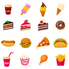 Set of Vector icon illustration of fast food with burger, hot dog, sandwiches, hamburger, coffee, pizza, French fries, donuts, chicken isolated, ice cream on white background.