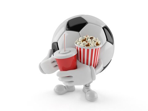 Soccer ball character holding popcorn and soda