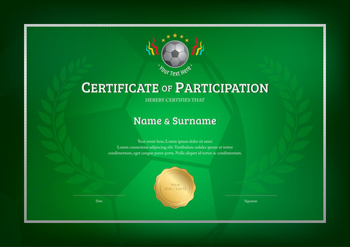 Certificate template in football sport theme with green background border frame, Diploma design - Powered by Adobe