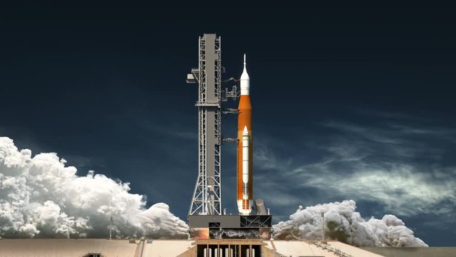 Space Launch System Takes Off. Realistic 3D Animation. 4K. Ultra High Definition. 3840x2160.