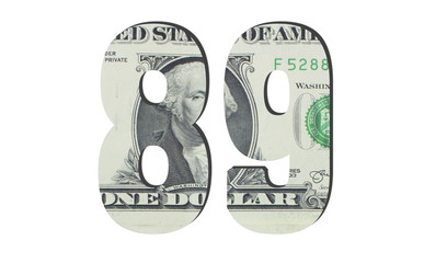 89 Number. American dollar banknotes. Money texture. Isolated on white background