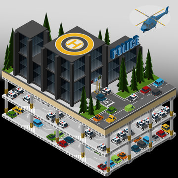 Vector isometric illustration of an element of urban infrastructure consisting of a police department, underground multi storey car park and parked vehicles.