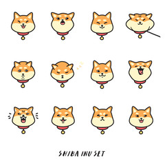 Cute shiba inu (head) emotions stickers big vector set.