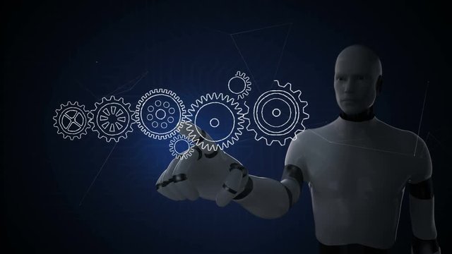 Robot, cyborg touching icon, Drawing business concept with gear wheel, goal, vision, idea, team work, success. 4k Animation.