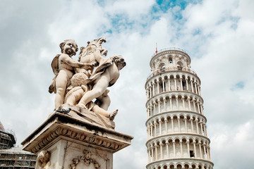 Travel in Italy. Architecture of Pisa. Leaning Tower of Pisa on a sky background