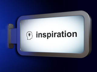 Advertising concept: Inspiration and Head With Lightbulb on advertising billboard background, 3D rendering