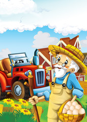 Obraz na płótnie Canvas cartoon happy and funny farm scene with tractor and working farmer - car for different tasks - illustration for children