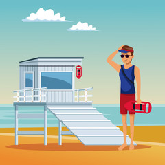 Lifeguard looking the beach summer cartoons vector illustration graphic design