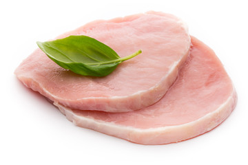 Fresh raw beef steak isolated on white background, top view.