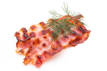 Cooked bacon rashers isolated on white.