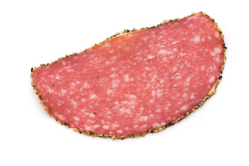 Salami slices isolated on the white background.