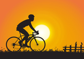Silhouette of man cycling on golden sunrise background, vector illustration