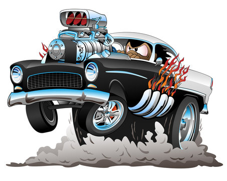 Classic American Fifties Style Hot Rod Funny Car Dragster Cartoon with Big Engine, Flames, Smoking Tires, Popping a Wheelie, Isolated Vector Illustration