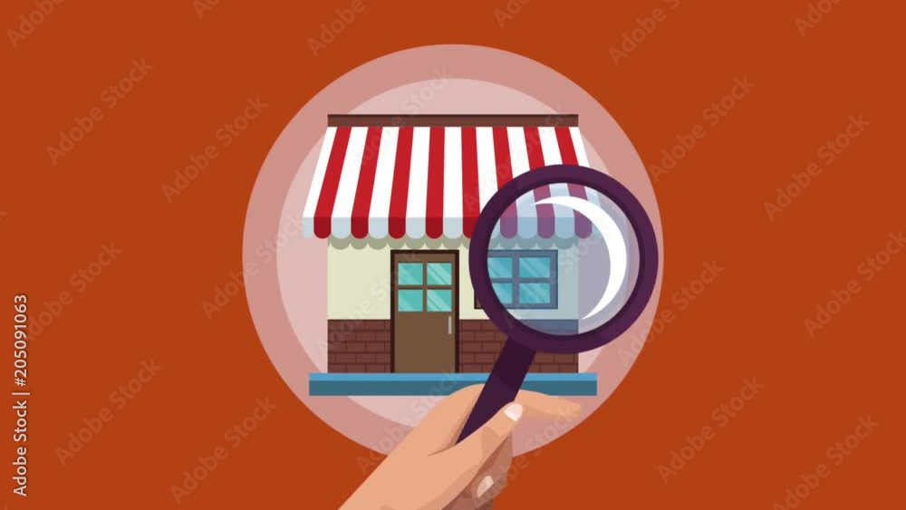 Poster hand with magnifying glass searching store over red background high definition animation colorful sc