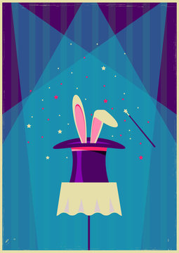 White rabbit in magical hat.Vector old poster of magic show